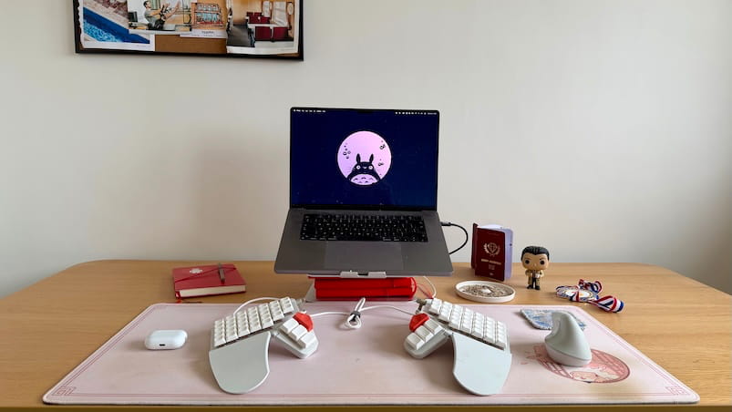 A tidy wooden desk with a laptop on a stand, split ergonomic keyboard, mouse,
track pad, and desk mat. Small personal items and notebooks sit neatly around
the workspace.