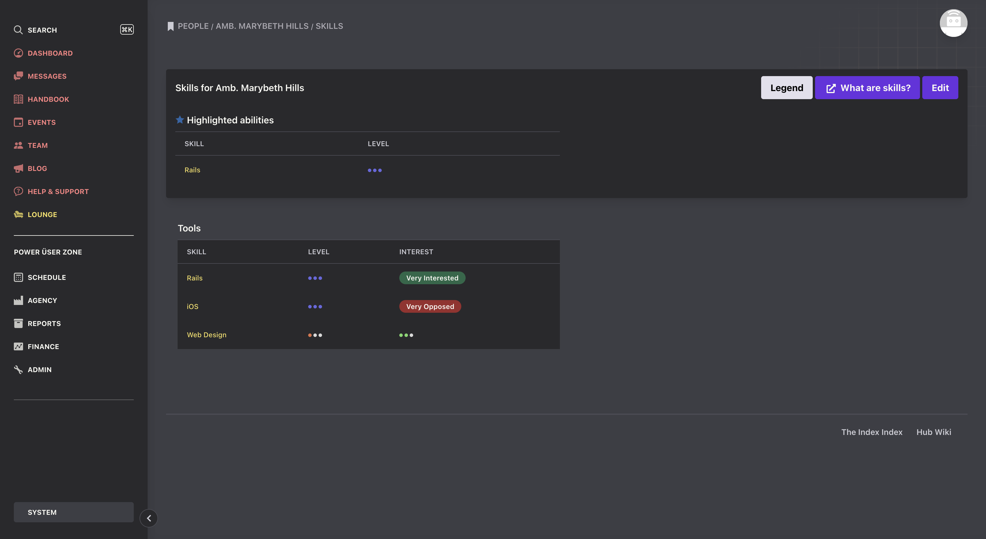 Hub skills page after the fix, with only Rails under Highlighted abilities and iOS still listed as Very Opposed in the Tools table