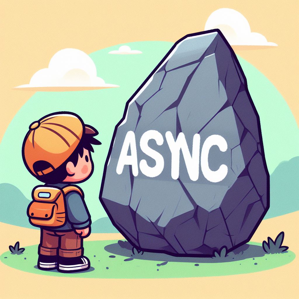 A cartoon of a kid looking at a big rock with the word ASYC written in it