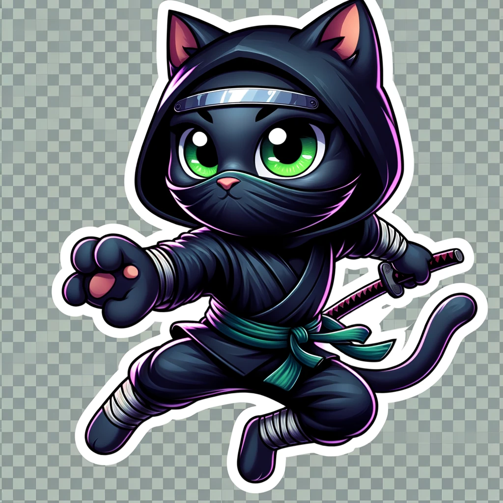 A cat wearing a ninja outfit in cartoon style with a checkerboard background