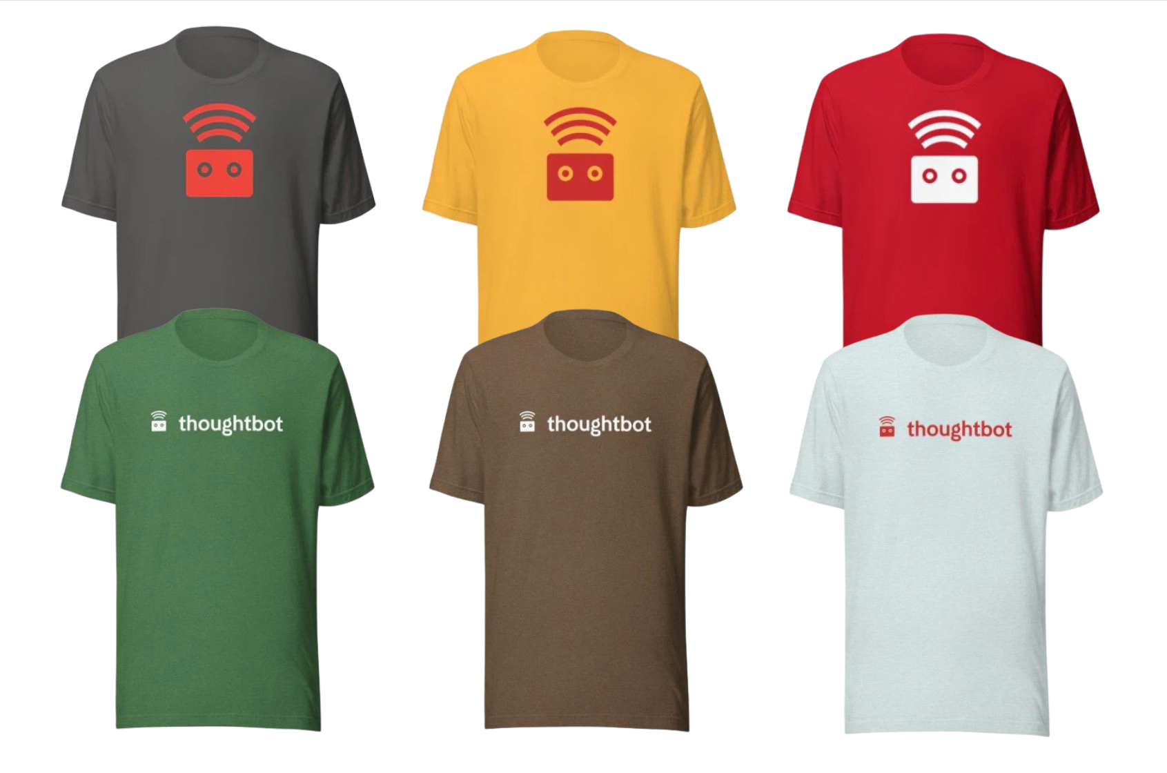 Six t-shirts in assorted colors: asphalt, yellow, red, green, brown, ice blue - all sporting a red or white thoughtbot robot or horizontal logo.