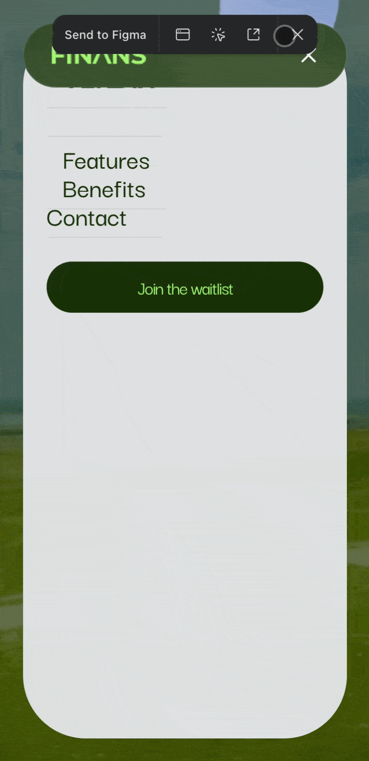 A GIF showing a mobile navigation bar with very messy spacing. Above the shot there is a toolbar that is clicked to send the navigation to Figma