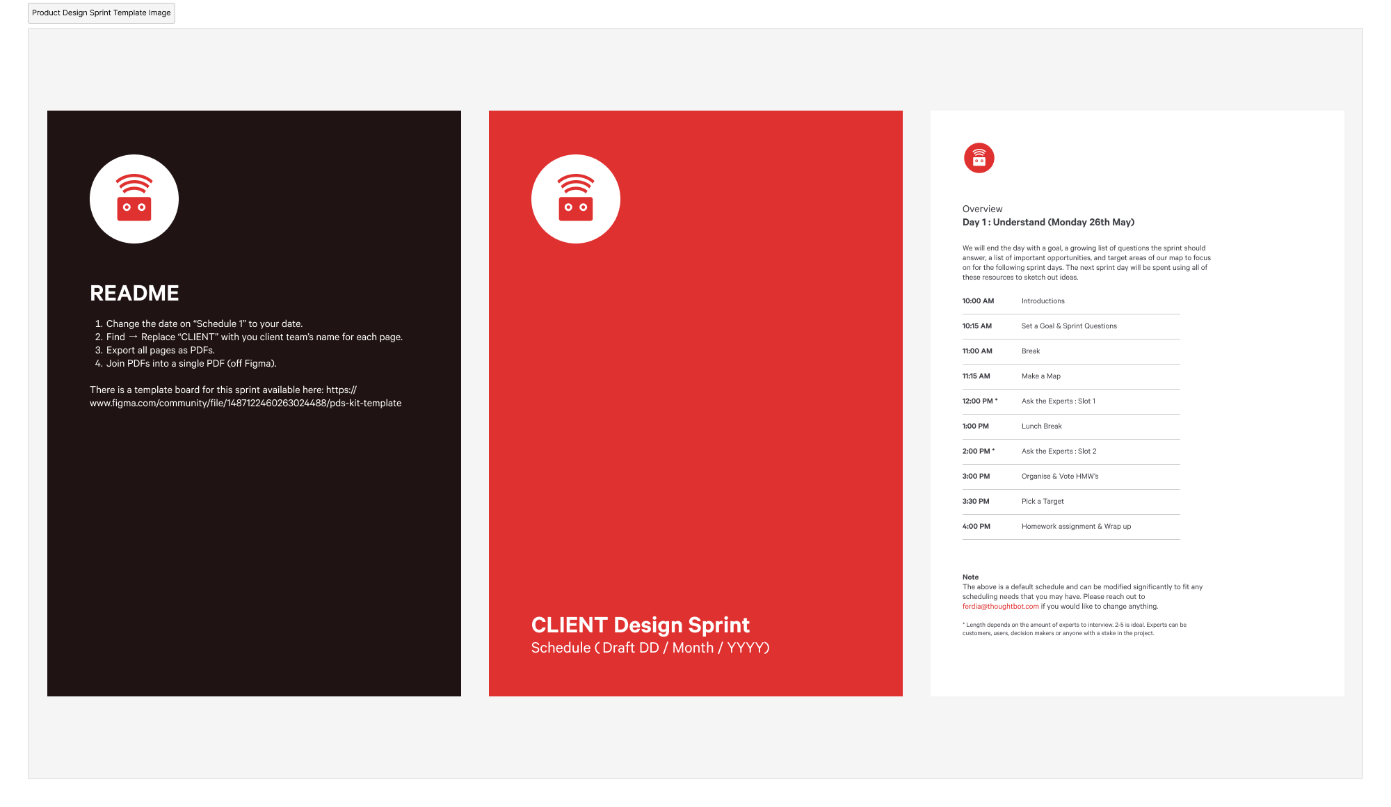 An image of 3 rectangular pages,black, red amd white with the thoughtbot logo and details about how to start a product design sprint
