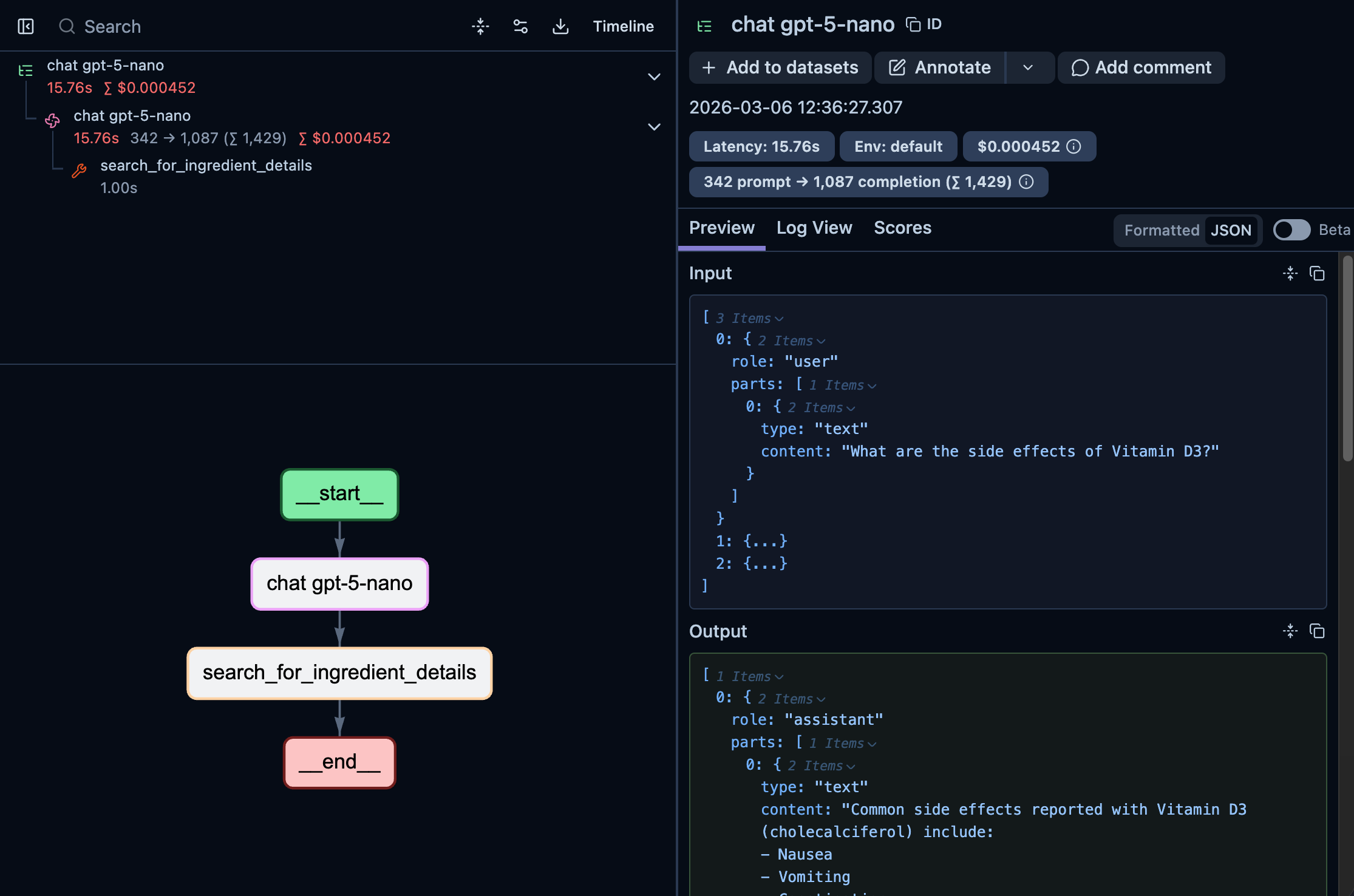 Langfuse trace detail view for a chat gpt-5-nano completion. Left side shows a flow diagram: start > chat gpt-5-nano > search_product_database tool call > end. Right side shows the input message 'What are the side effects of Vitamin D3?' and the assistant's output listing nausea, elevated calcium levels, and kidney stones. The trace shows 15.76s latency, $0.000452 cost, and 342 prompt > 1,087 completion tokens.
