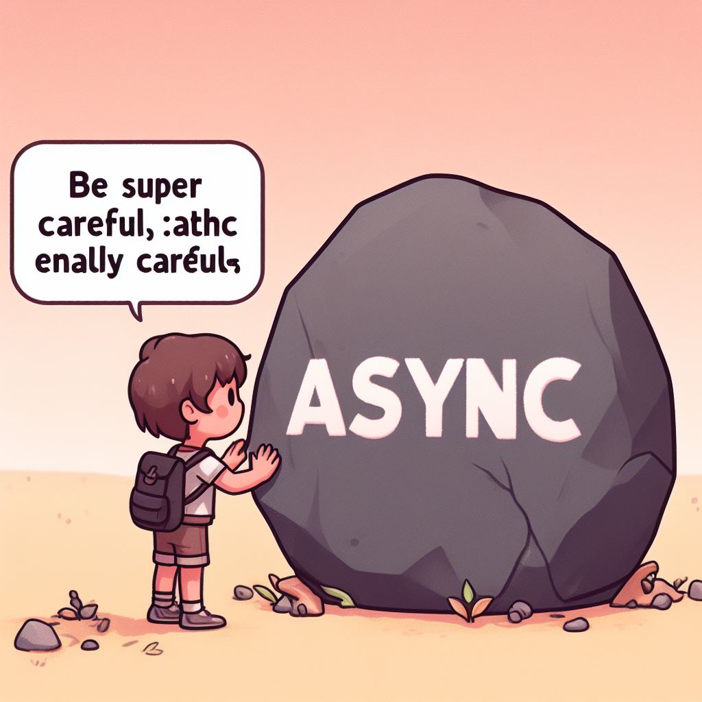 A cartoon of a kid looking at a big rock with the word ASYNC written in it, with a conversation balloon that reads 'Be super careful'