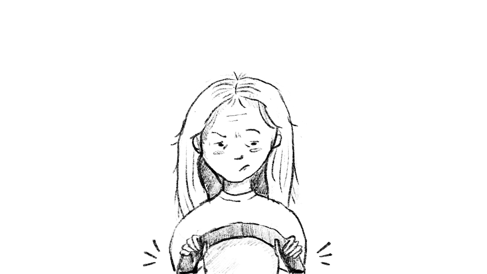 A drawn illustration of a person with long hair and an annoyed expression looking down while their hands are placed on steering wheel.