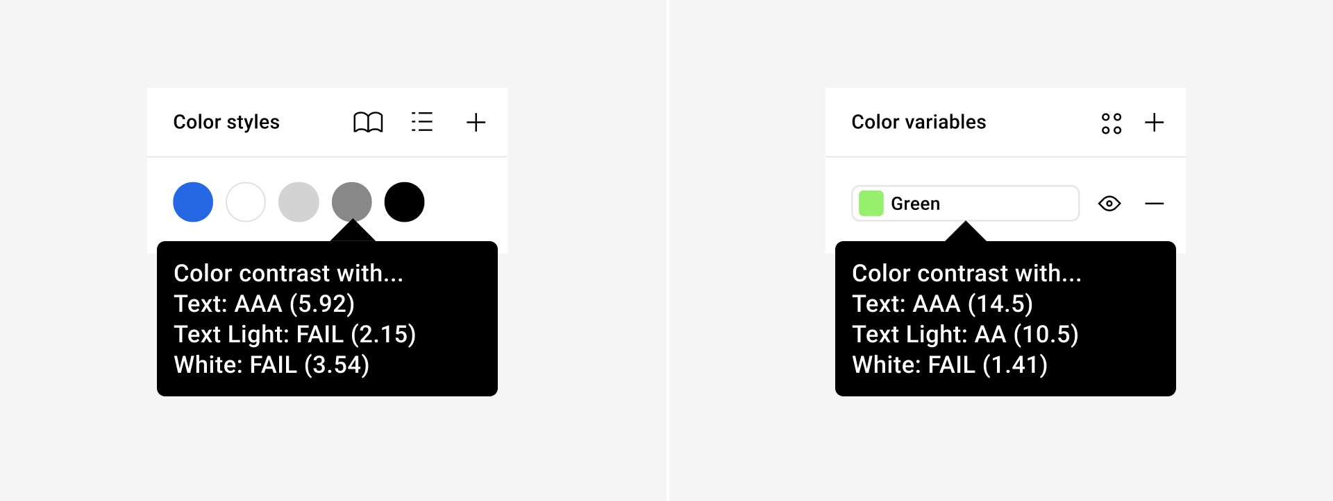 Color style and variable sections of the Figma UI, visualizing a hover state for a color where the contrast ratio against various other colors can be seen