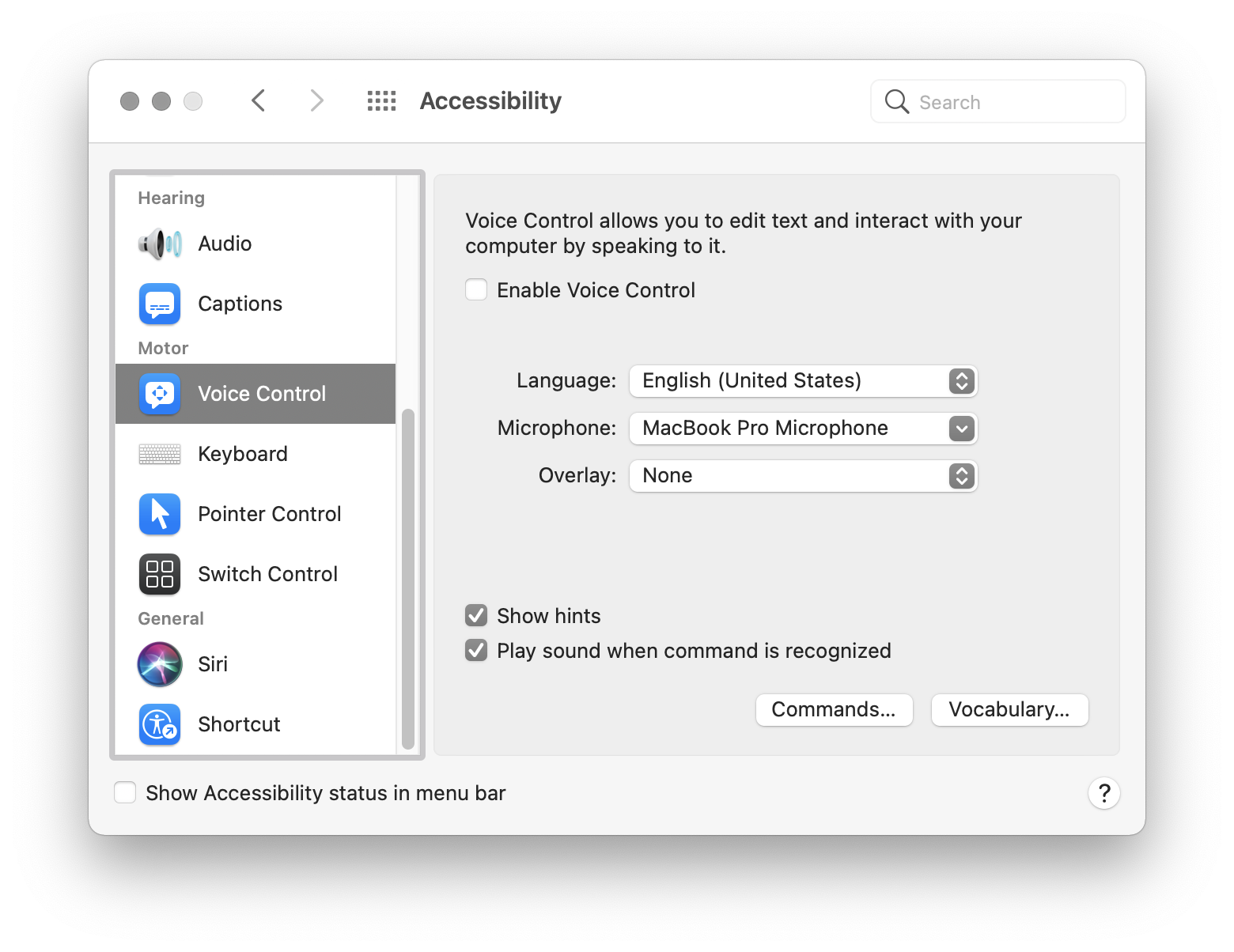 The macOS Accessibility preferences pane, with the options for Voice Control displayed. Screenshot.