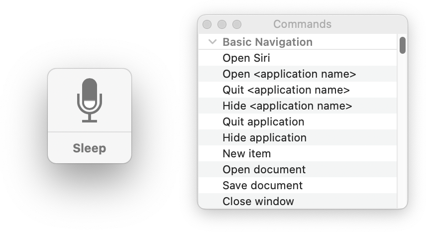 A button displaying a microphone icon and the word 'sleep.' Next to it is a window titled 'Commands,' showing basic commands such as Open Siri, open, hide, and quit application, and open and save document. Screenshot.