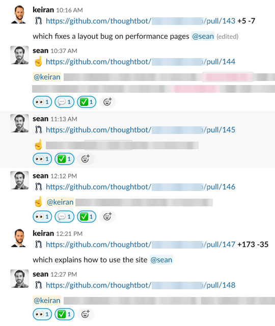 Multiple PR requests and reviews in Slack, with descriptions, links and emoji