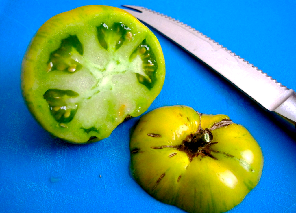 A green zebra tomato sliced open with a knife.