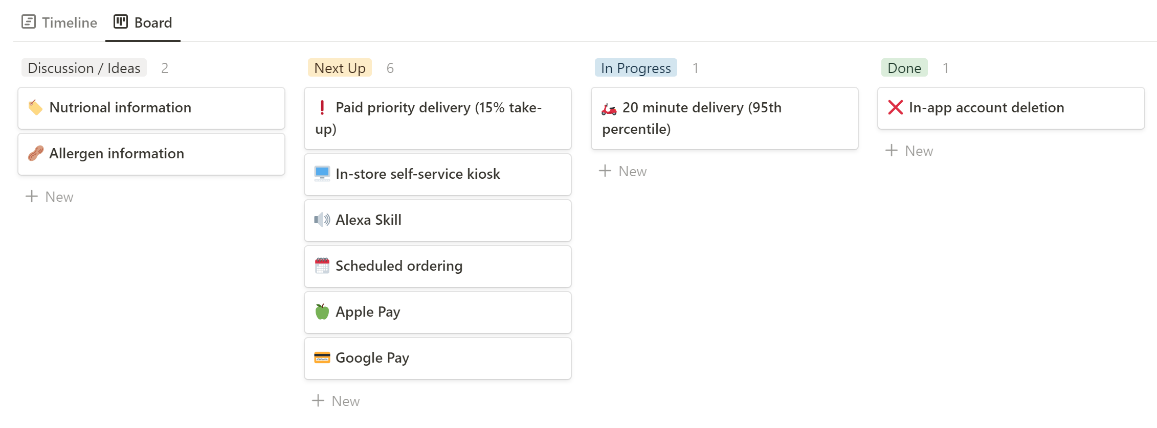 A 'projects' database in Notion in the Kanban Board view, with cards in multiple columns.