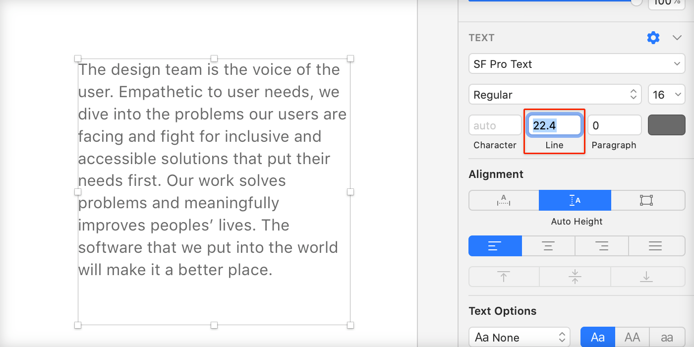 Screenshot of Sketch, automatically calculated line height (22.4px)
