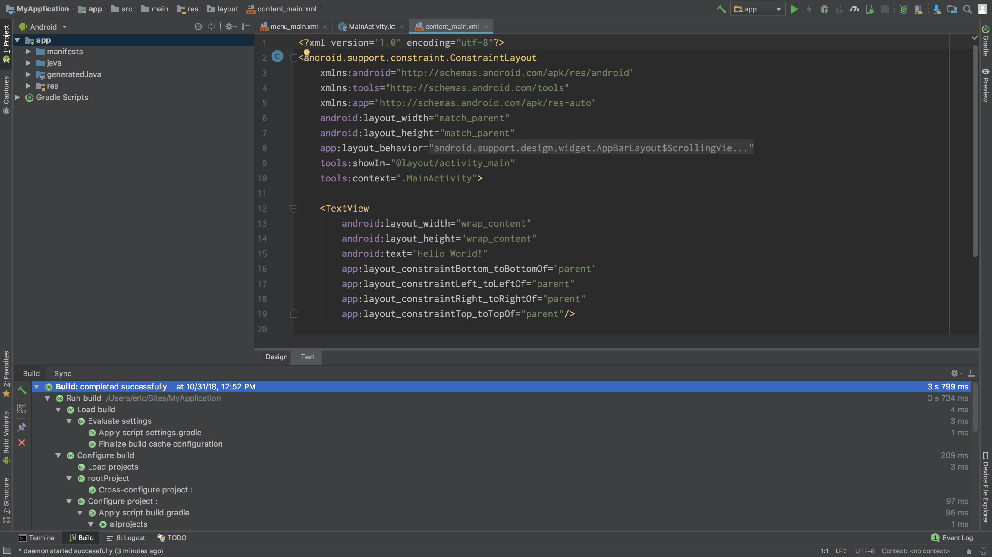 Screenshot of the Android Stuido app, displaying a new project's source code.