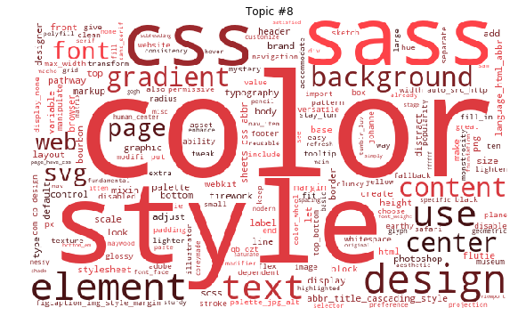 Word cloud of topic #8, including color, style, css, sass, element, and
    design