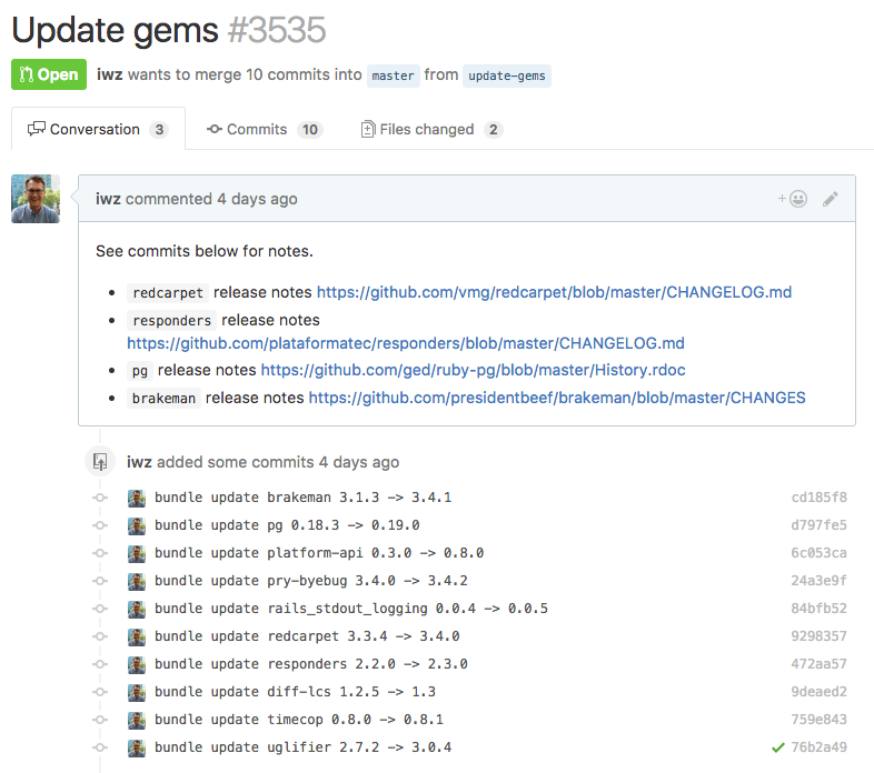 github pull-request to update many gems