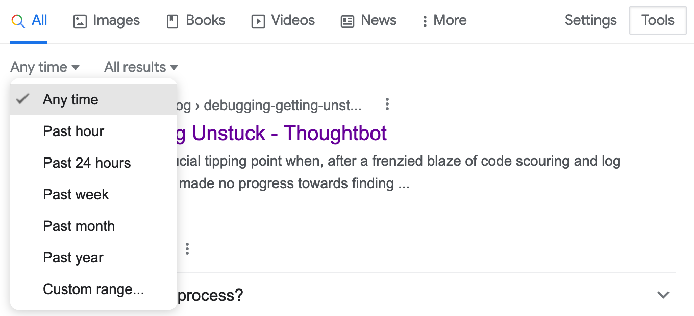 A screenshot of a Google search with the Tools button selected and the 'Any time' dropdown showing options such as 'Past hour', 'Past 24 hours', 'Past week.