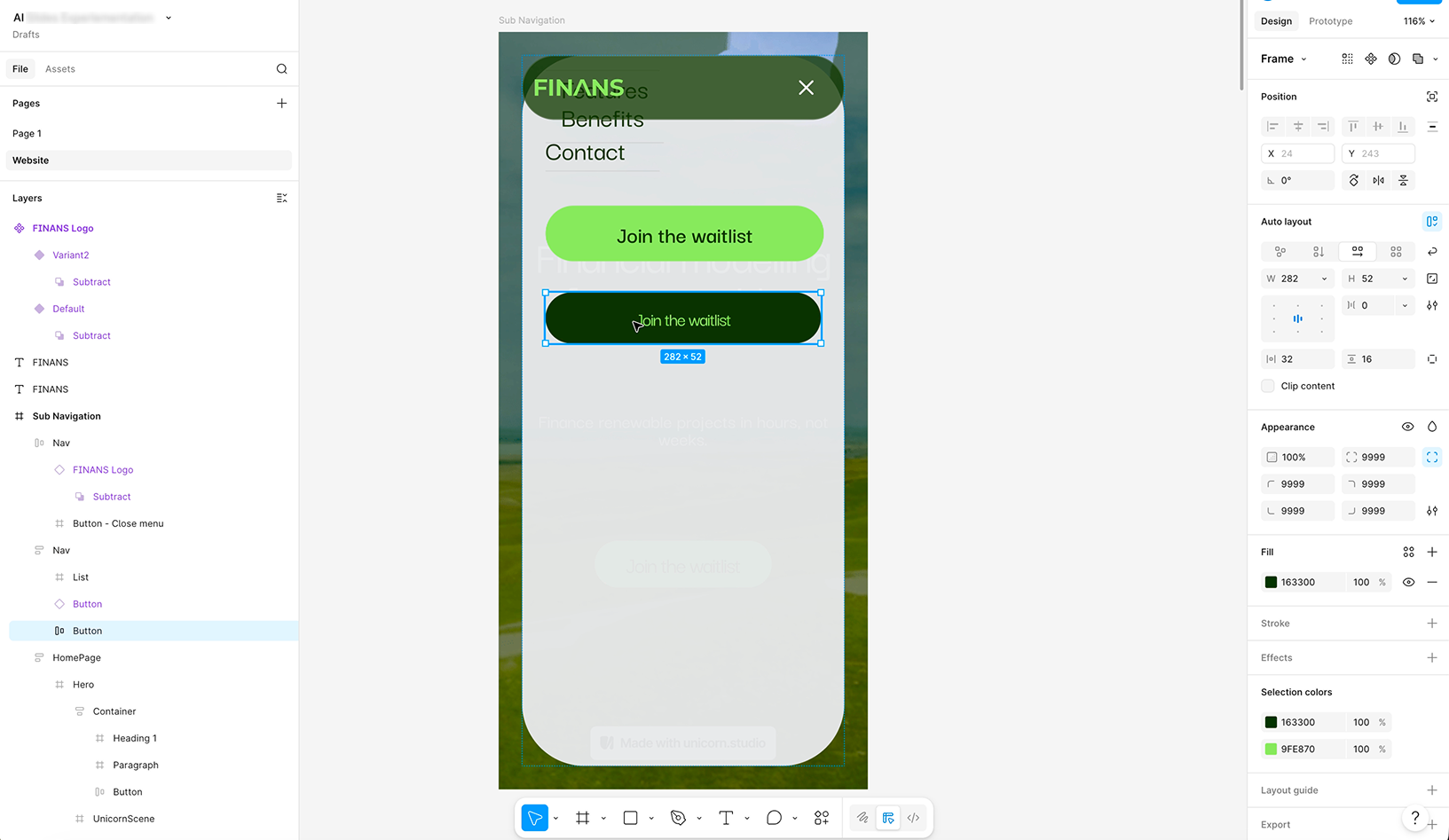 An image of the above mobile navigation, now being worked on in Figma directly