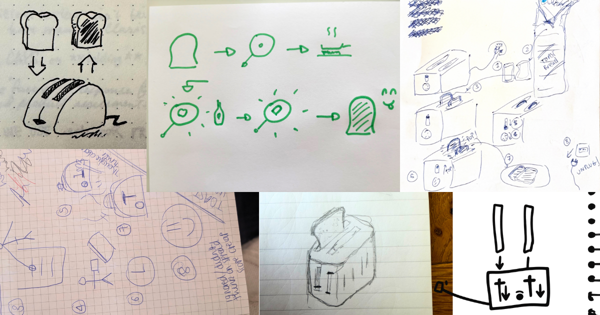 Collection of hand-drawn images from different people illustrating 'how to make toast' with images of bread, toasters, smiley faces and instructional arrows.