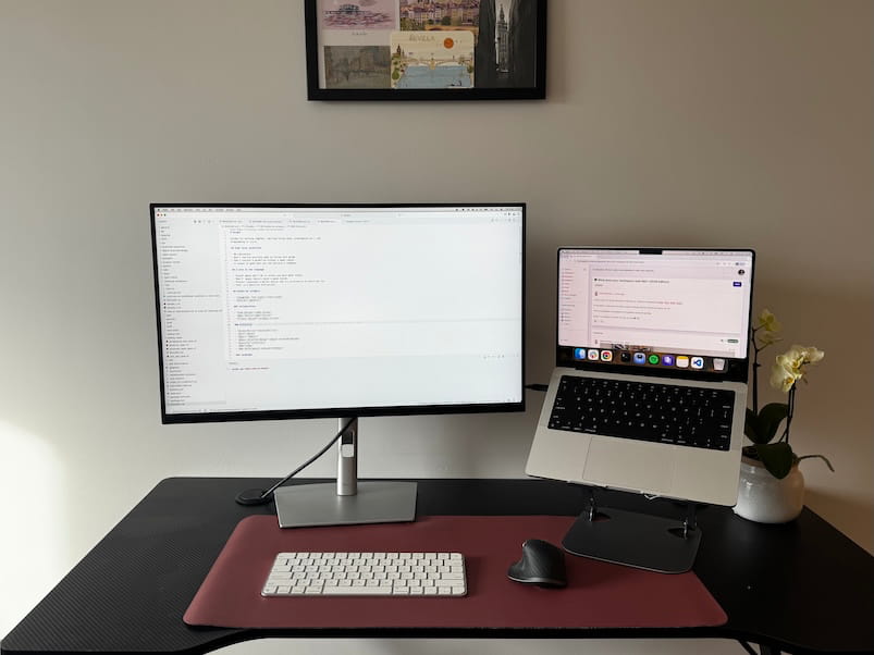 A minimalist desk with a large external monitor and a laptop on a stand beside
it. A keyboard, mouse, desk mat, and a small potted plant are arranged neatly
against a plain wall.