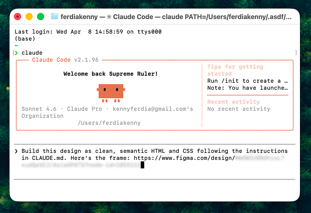 A screenshot of a white computer terminal that is running Claude Code. It has a welcome message and a prompt which includes a link to a Figma design