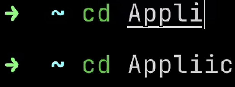 Two shell prompts usinc cd, but only the one with a valid path is hightlighted with an underscore