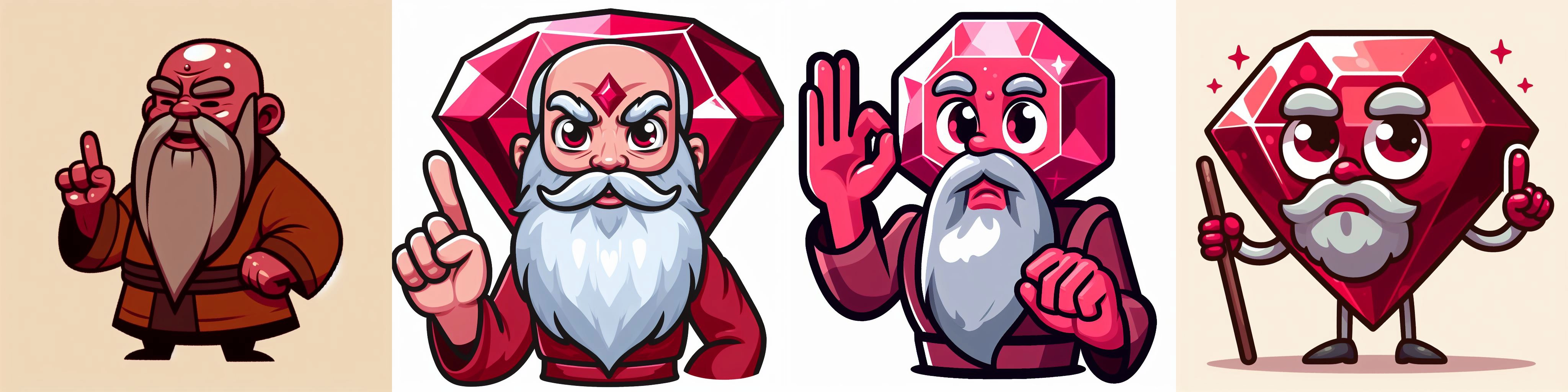 Four pictures of generated images. The first one has a monk with red skin. The second one has a monk with a ruby in his forehead. The third one as an anthropomorphic ruby gem with beard and one hand raised. The fourth one is an anthropomorphic ruby gem with a beard, holding a stick on one hand a with a finger raised on the other.