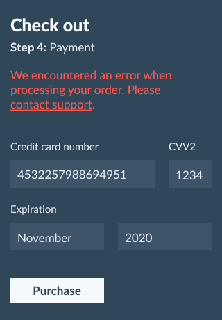 payment screen with a generic error message