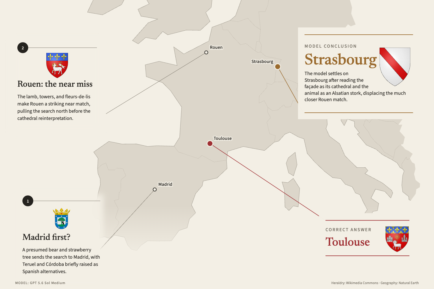 Map of GPT 5.6 Sol medium's search, which briefly considers Rouen before settling on Strasbourg