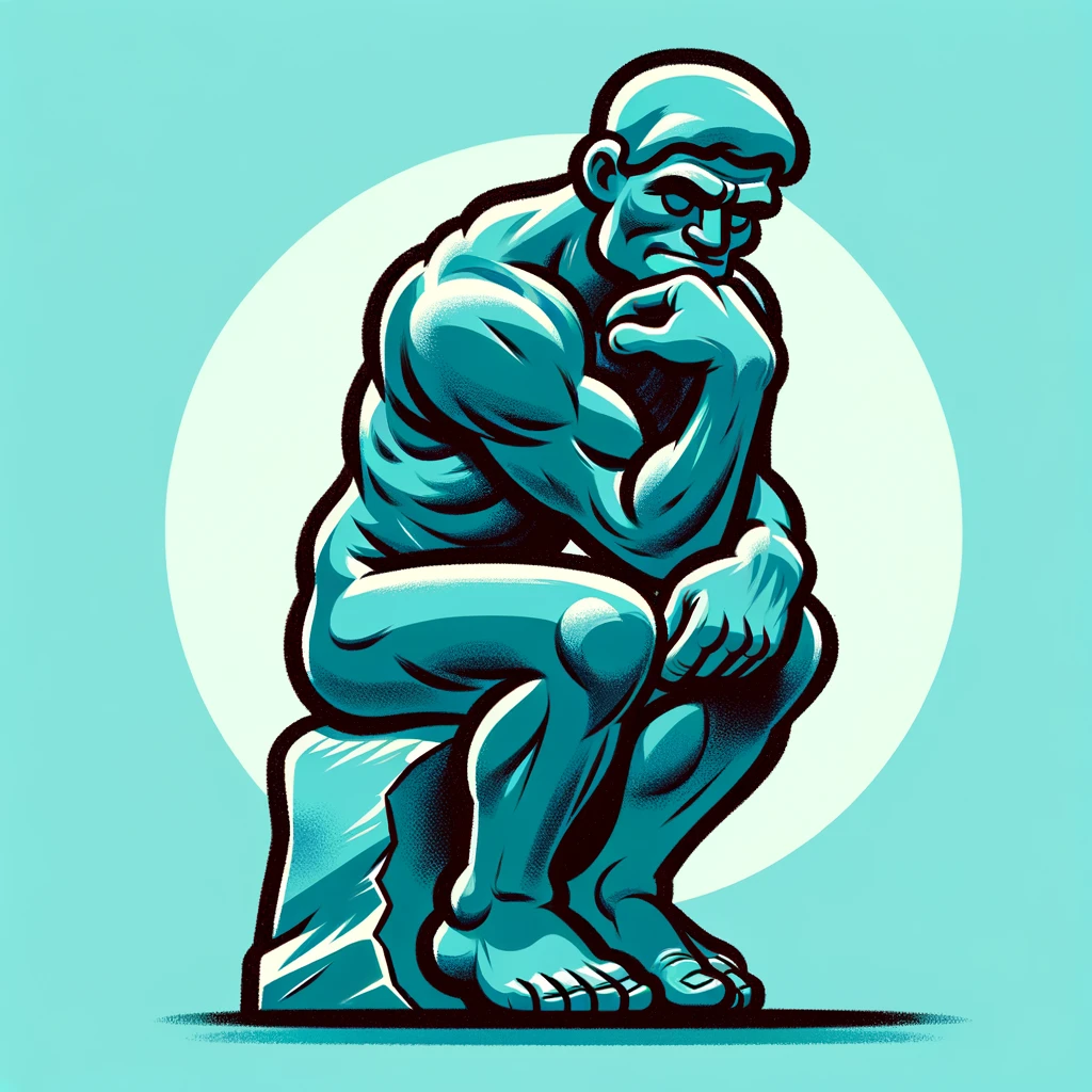 A cartoon version of 'The Thinker' statue