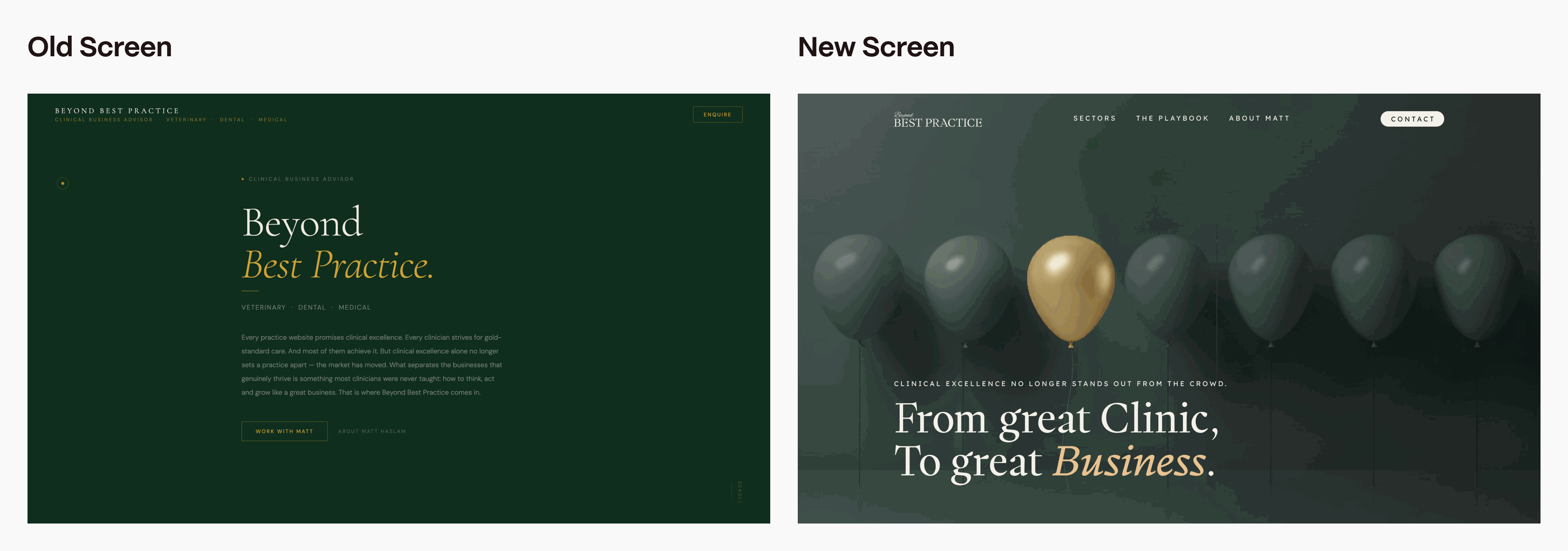 A GIF showing different sections of the website with the old versions shown on the left and the new, revamped versions show on the right