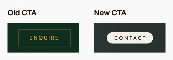 A comparison between the old and new call to actions, with the solid light new CTA on a dark background