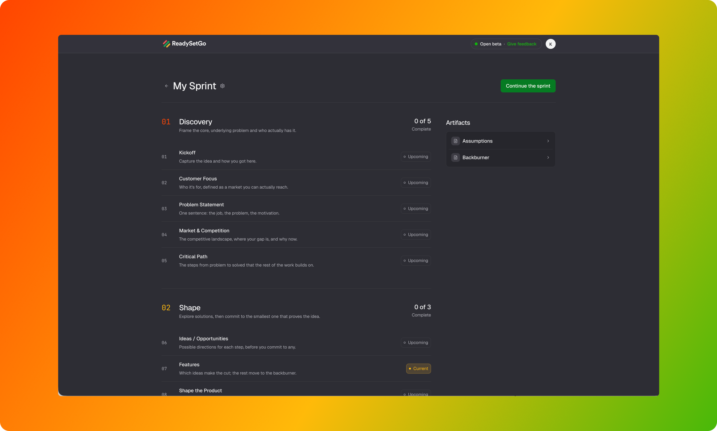 ReadySetGo overview screen