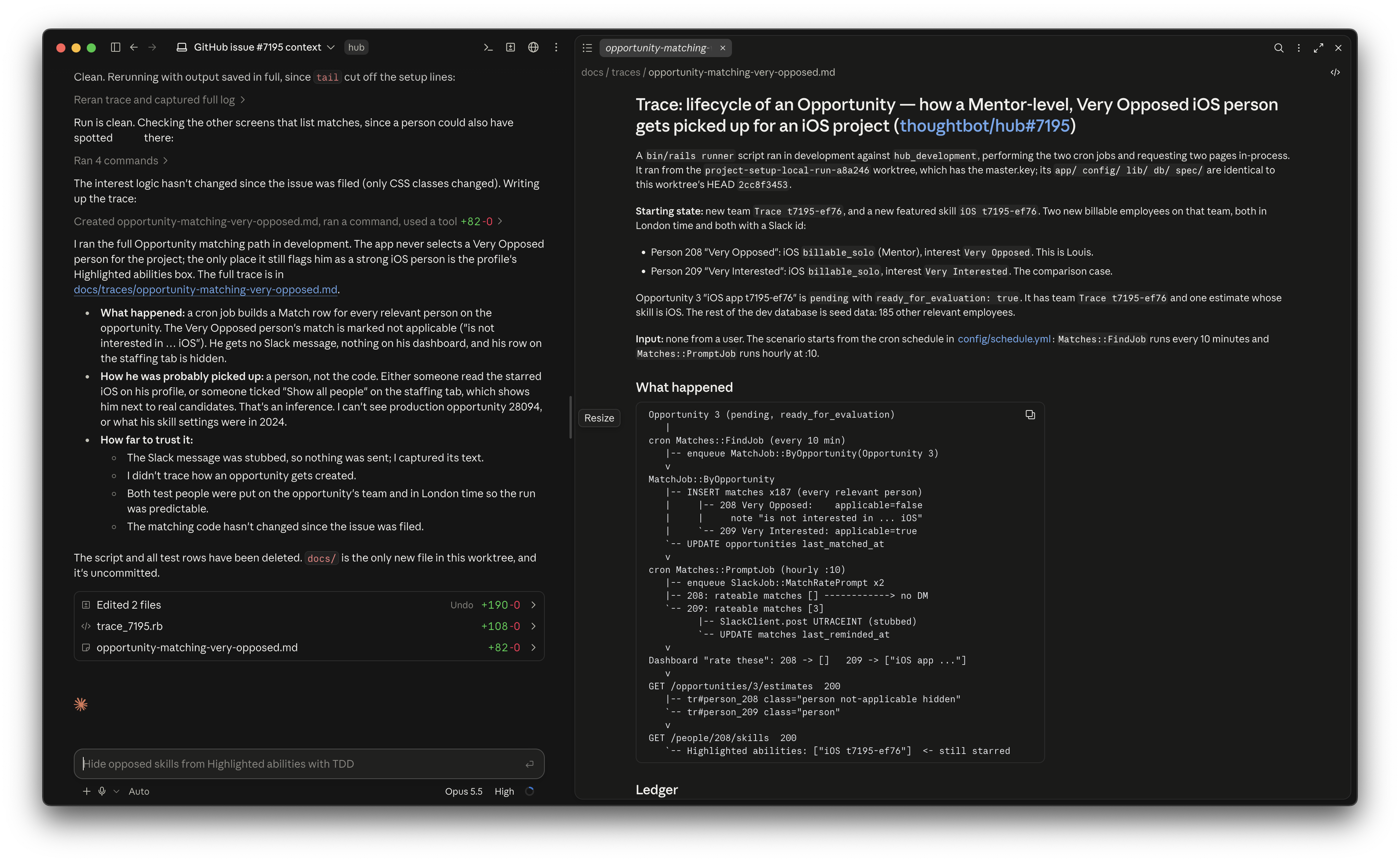 Claude Code trace summary next to the generated trace document, showing the matching job marks the Very Opposed person as not applicable while their profile still stars iOS