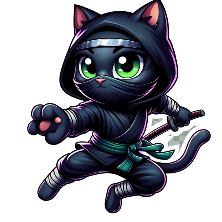 A cat wearing a ninja outfit in cartoon style with a transparent background